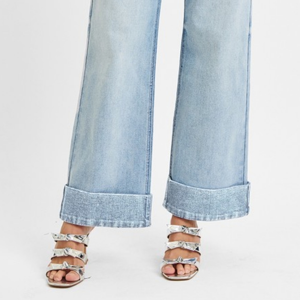 RISEN High-Rise Tummy Control Waist Pants Wide Leg Crop Cuffed Hem Denim Jeans - Picture 12 of 13